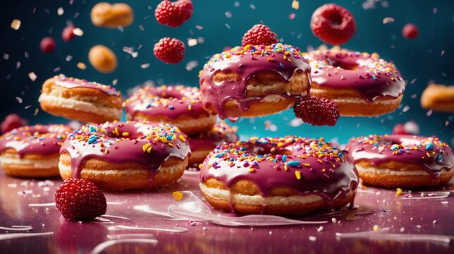 Flying donuts Mix of multicolored doughnuts with sprinkles