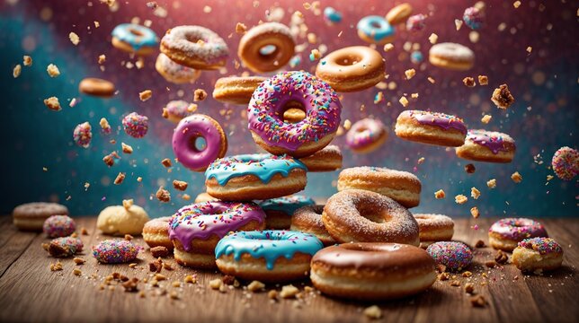 Flying donuts Mix of multicolored doughnuts with sprinkles