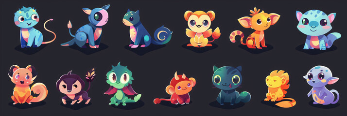 Colorful set of little cartoon cute monsters characters, cartoon, animal, vector, set, lllustration, character, icon, comic, people, animals, collection
