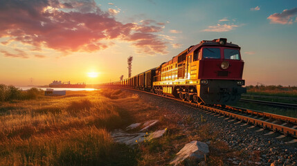 Freight Train at Sunset on Railway