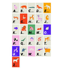 Vector template alphabet cards or print with cartoon colorful animals illustration. English alphabet with capital letters. ABC book symbols for kids.