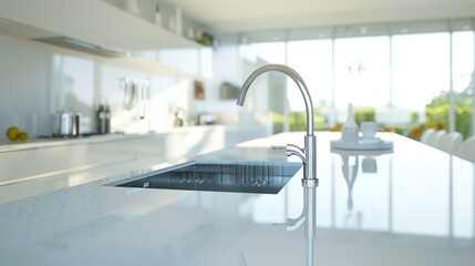 The modern kitchen set includes a faucet. The brightly lit kitchen, slightly viewed from the side, appears neat and tidy.
 - obrazy, fototapety, plakaty