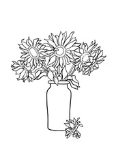 Vector illustration - ink sunflower flowers in vase. Art for for prints, wall art, banner, background