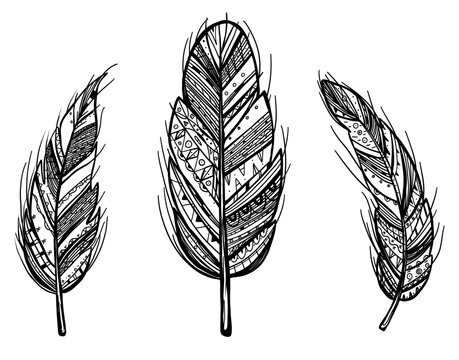 Set with indian tribal feathers in hand drawn doodle style