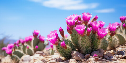 Blooming Desert Beauty: Vibrant Green Cactus Blossom Surrounded by Pink and White Flowers against a Purple and Magenta Background