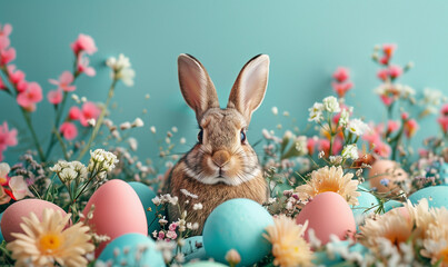 Springtime Bunny Among Flowers and Easter Eggs 