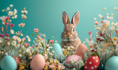 Fototapeta na wymiar Springtime Bunny Among Flowers and Easter Eggs 