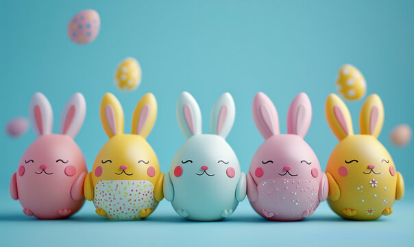 Colorful Easter Bunny Egg Decorations on Blue
