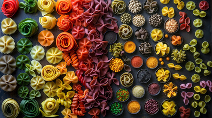 Colorful various shapes paste on dark background. Macaroni product layout. - obrazy, fototapety, plakaty