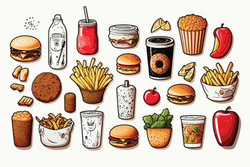 fastfood vector illustrations cartoon hamburger drink simple - obrazy, fototapety, plakaty