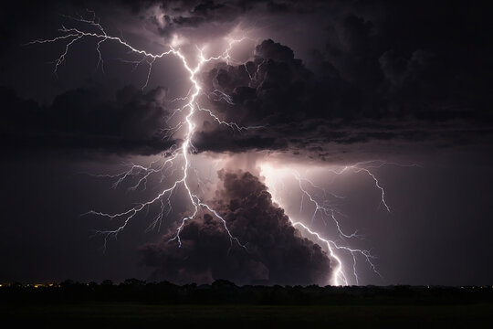 Lightning strike in the night sky. Thunderstorm with lightning.