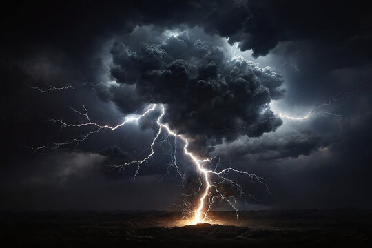 Lightning in dark stormy sky. Thunderstorm. 3D rendering