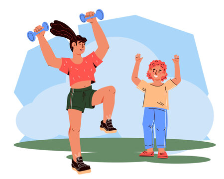 Family sports and workouts, ways to bond with children while staying active and healthy. Family physical activity into and active games banner, flat vector illustration isolated on white.