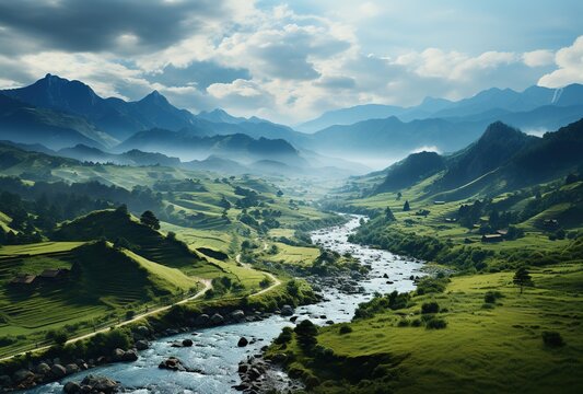 a mountain scene with fog surrounding valleys, in the style of eco-friendly craftsmanship, sky-blue and green, villagecore, 32k uhd, wave, impressive panoramas