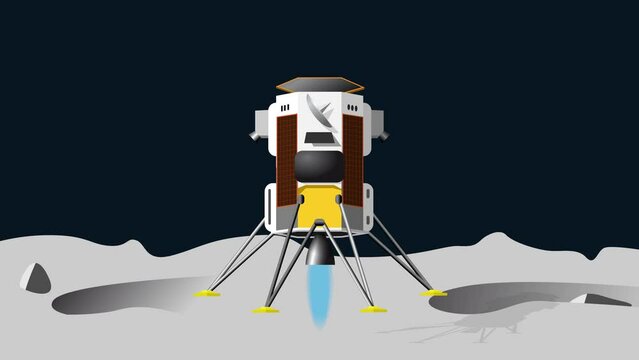 Lunar lander landing on a gray cratered landscape of the moon. Animated illustration