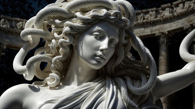 Close up of Marble statue of Medusa in temple 