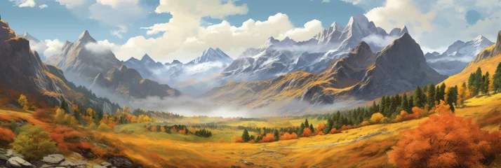 Poster Autumn landscape with mountains and lake. Autumn panoramic scene with beautiful nature and colors © Shaman4ik