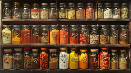 Neatly Arranged Spice Rack with Labeled Jars - obrazy, fototapety, plakaty
