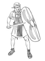 Roman legionnaires attacking. Historical drawing.