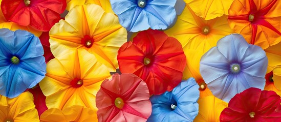 Fototapeta na wymiar A variety of vibrant multicolored paper flowers, reminiscent of Colorful Spanish Flag flowers, are arranged on a bright yellow background. The intricate details and diverse colors of the flowers pop