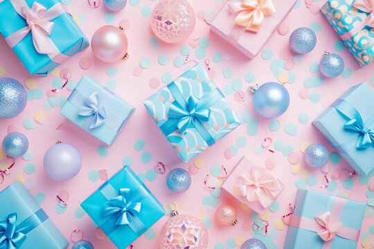 Holidays concept. Top view photo of pink, blue, purple gift boxes with ribbon bows and sequins on isolated pastel pink background for postcard or banner.