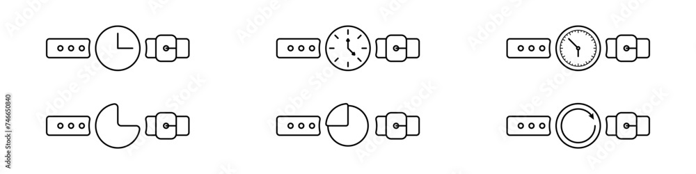 Poster clock on hand vector icon set. a set of linear clocks of different types. businessman logo vector. c