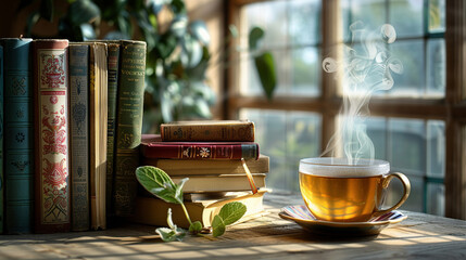 Neatly Stacked Wellness Books and Herbal Tea - obrazy, fototapety, plakaty