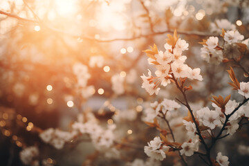 Fototapeta premium Cherry blossoms in full bloom under warm spring sunset