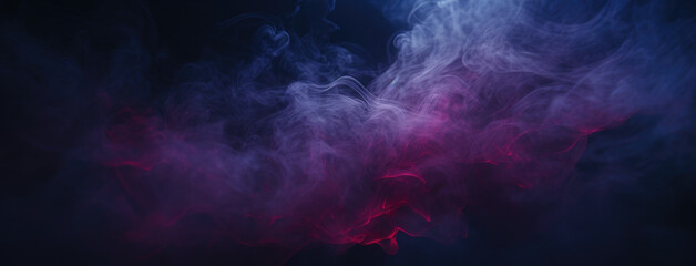 Neon smoke on room floor. Neon fairytale smoke moves on black background. Panoramic view of the abstract fog. Swirling cloudiness, mystery mist or smog rolling low across the ground.