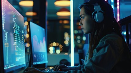 Portrait of female indian Startup Digital Entrepreneur Working on Computer pc. Woman Developer Working on Innovative e-Commerce App using AI and Big Data. Programmer girl write line of code.