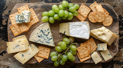 Overhead View of Cheese Platter with Grapes and Crackers
