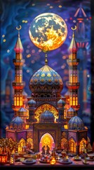 Obraz premium In a stunning display of vibrant 3D paper art, a radiant mosque beneath a gleaming moon harmonizes Eastern and Western architectural intricacies.