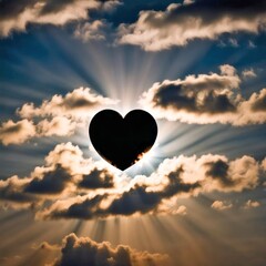 Heart silhouette on the sun with sunbeams and clouds