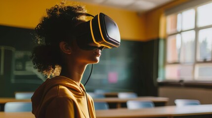 Curious student experiencing virtual reality in education. Child using VR technology for learning. Enhancing classroom engagement through VR headsets.