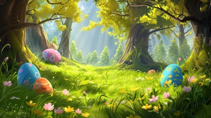 Easter eggs nestled in the grassland.