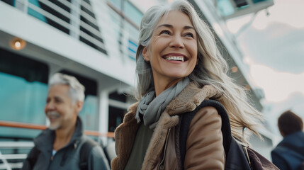 Smiling senior woman boarding a cruise ship