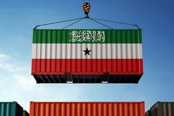 Somaliland trade cargo container hanging against clouds background