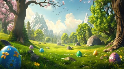 Cute cartoon anime-style Easter eggs tucked away in the grass. - obrazy, fototapety, plakaty