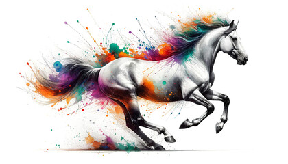 Obraz na płótnie Canvas A white horse galloping, its mane and tail merging with explosive colorful splashes, symbolizing vitality and freedom. AI-generated.