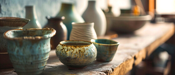 Handmade ceramic dishes on the table, making ceramics web banner - obrazy, fototapety, plakaty