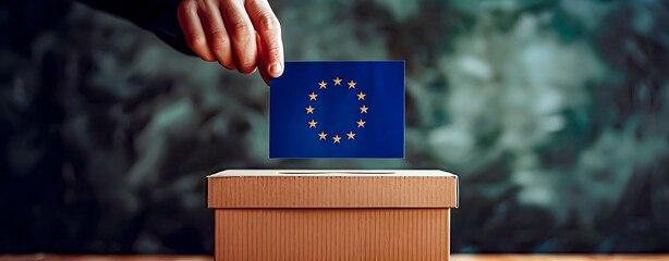 A person placing a ballot paper with the flag of the European Union in a ballot box. Vote. - obrazy, fototapety, plakaty