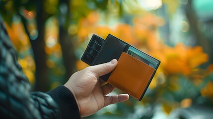 Close-up shot of hand opening wallet holding credit card This may be used for payments.