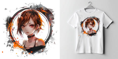 Anime beautiful young woman, t-shirt design