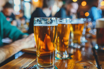 Fototapeta na wymiar Cheers and Chats: Friends Enjoying Beer at Brewery Pub. Generative AI.