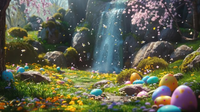 A charming forest with a waterfall and meadow, adorned with Easter eggs nestled in the grass, all depicted in a cute cartoon anime style