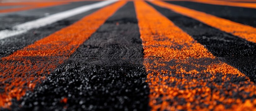 A detailed view of a street with orange and black lines painted on its surface, resembling football yard lines. The lines are neatly marked with precision, creating a structured pattern across the