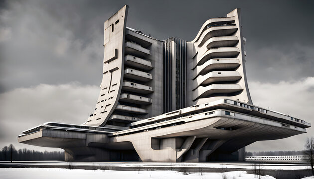 large concrete retro futuristic brutalist apartment building in a snow covered winter landscape