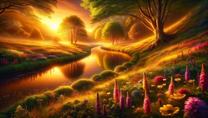 Sunset Glow Over River and Blooming Meadows