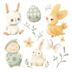 Hand-drawn clipart featuring adorable Easter-themed designs: a cute rabbit and colorful eggs.
