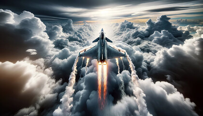 A fighter jet soars through a dramatic cloudscape with afterburners ignited, portraying speed and power. AI-generated.
